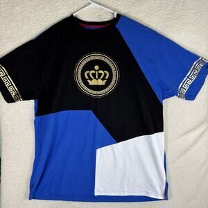 Makobi Shirt Mens 3XB Blue Crown Rhinestones Graphic Tee Color Block